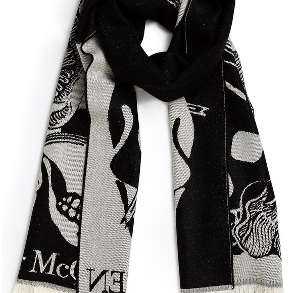 Alexander McQueen Monochrome Skull and Floral Scarf - Picture 2 of 7